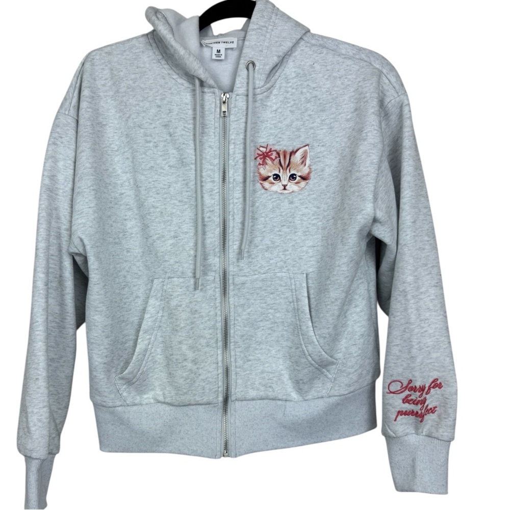 Fourteen Twelve Boutique Embroidered cat teacup Zip Up Hoodie, grey sz M